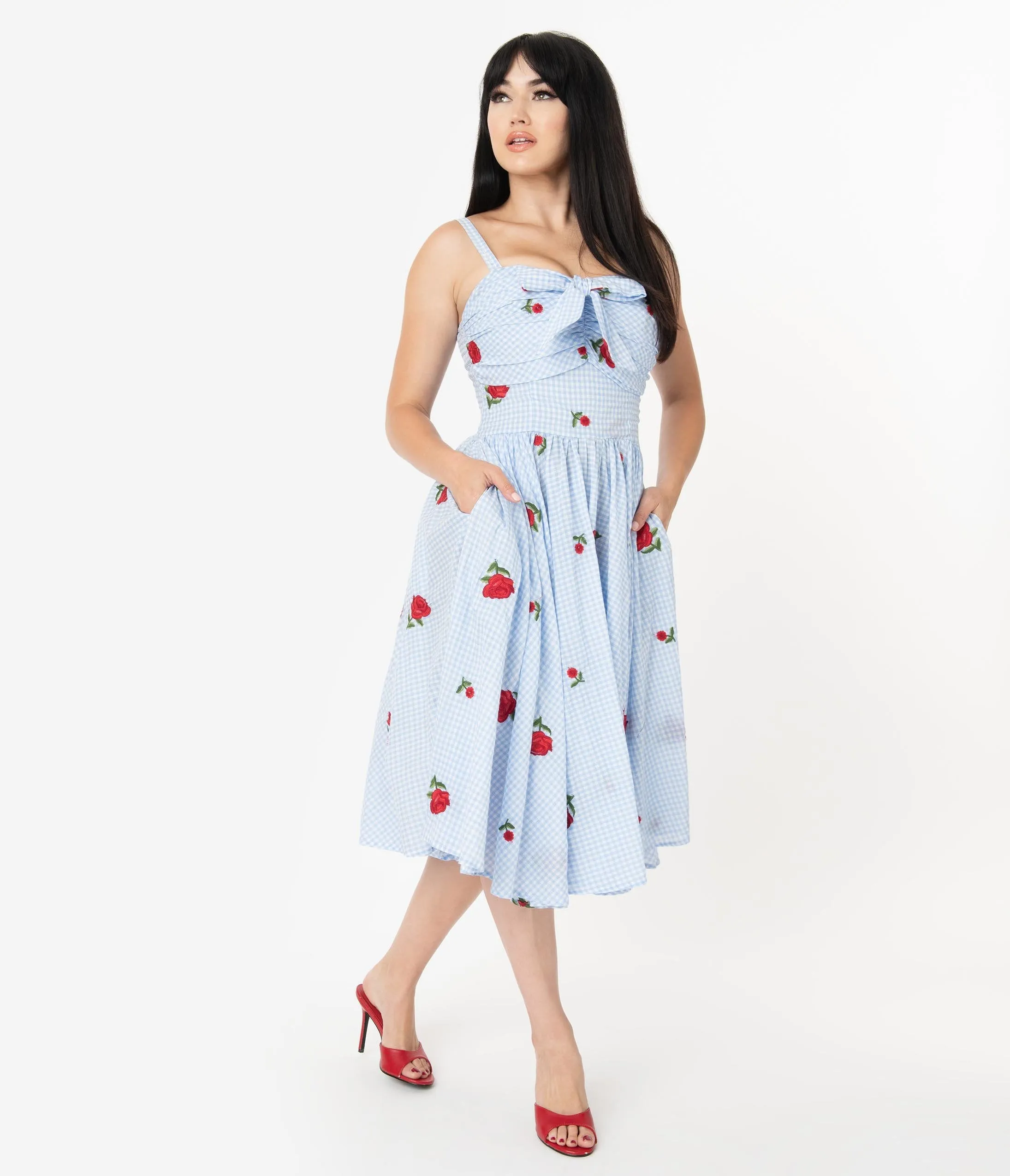 Unique Vintage 1950s Blue & White Gingham Roses Print Golightly Swing Dress