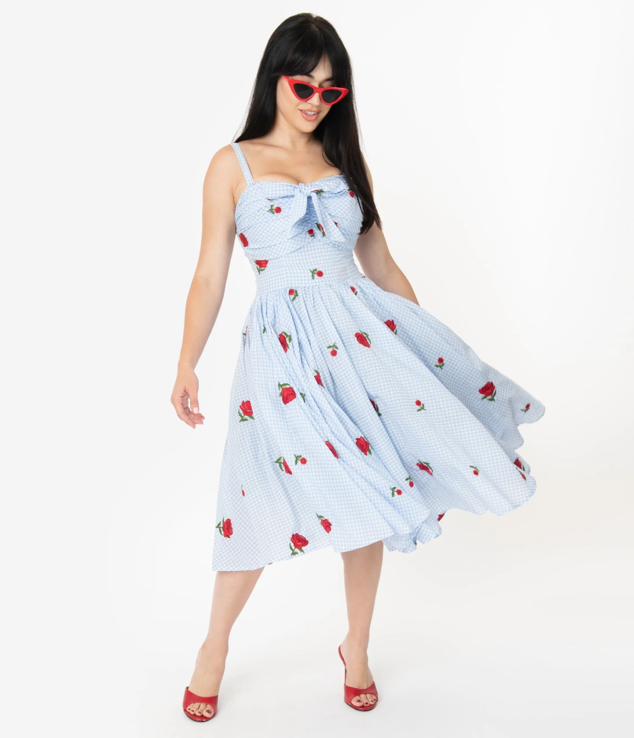 Unique Vintage 1950s Blue & White Gingham Roses Print Golightly Swing Dress