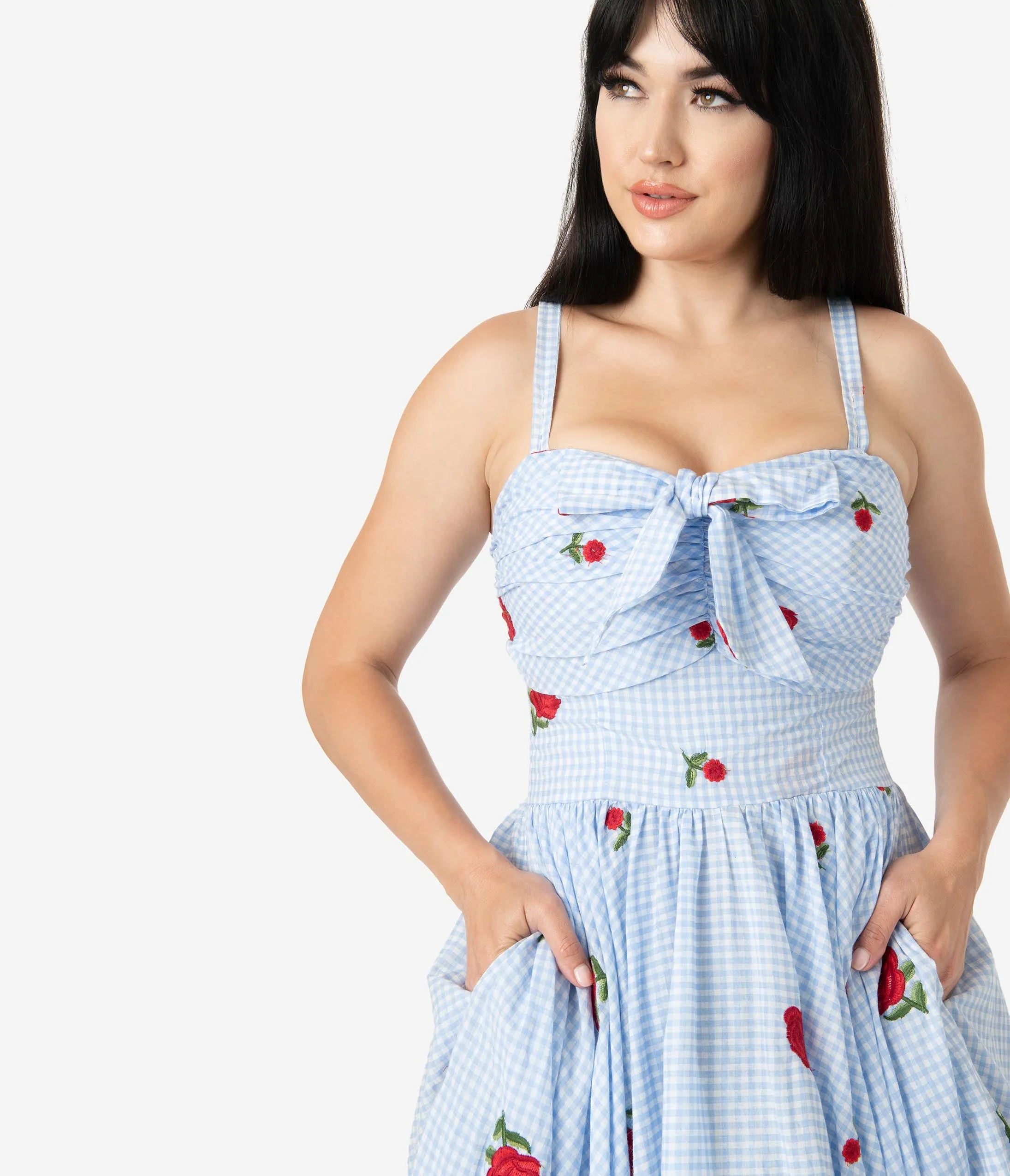 Unique Vintage 1950s Blue & White Gingham Roses Print Golightly Swing Dress