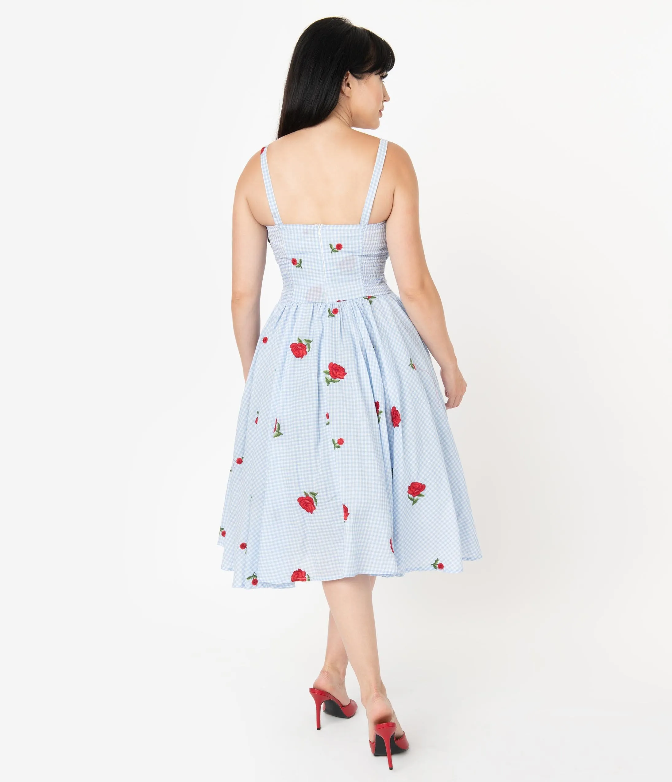 Unique Vintage 1950s Blue & White Gingham Roses Print Golightly Swing Dress