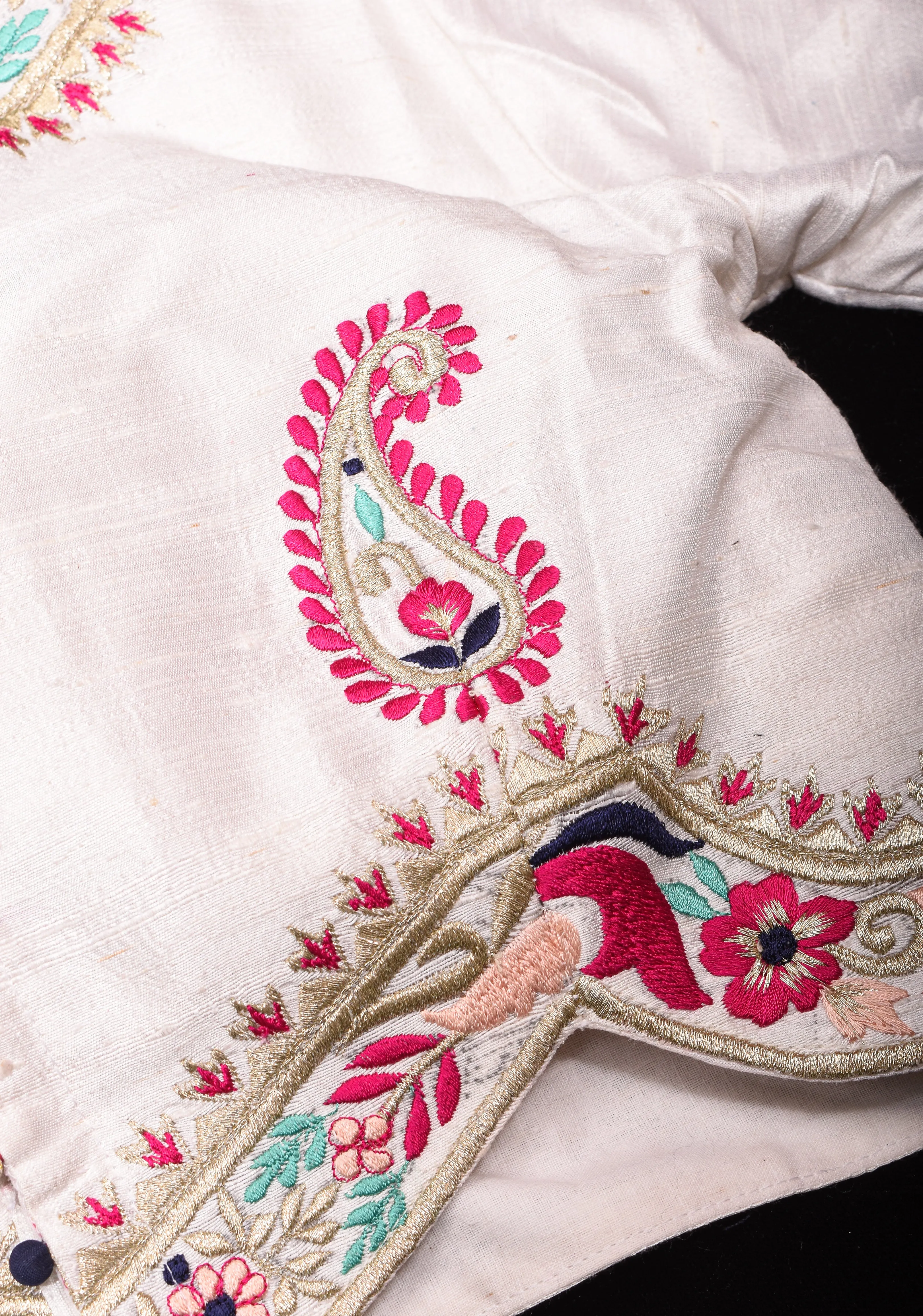 White Pure Raw Silk Blouse With Multicolor machine embroidery, Customizable, Made to order