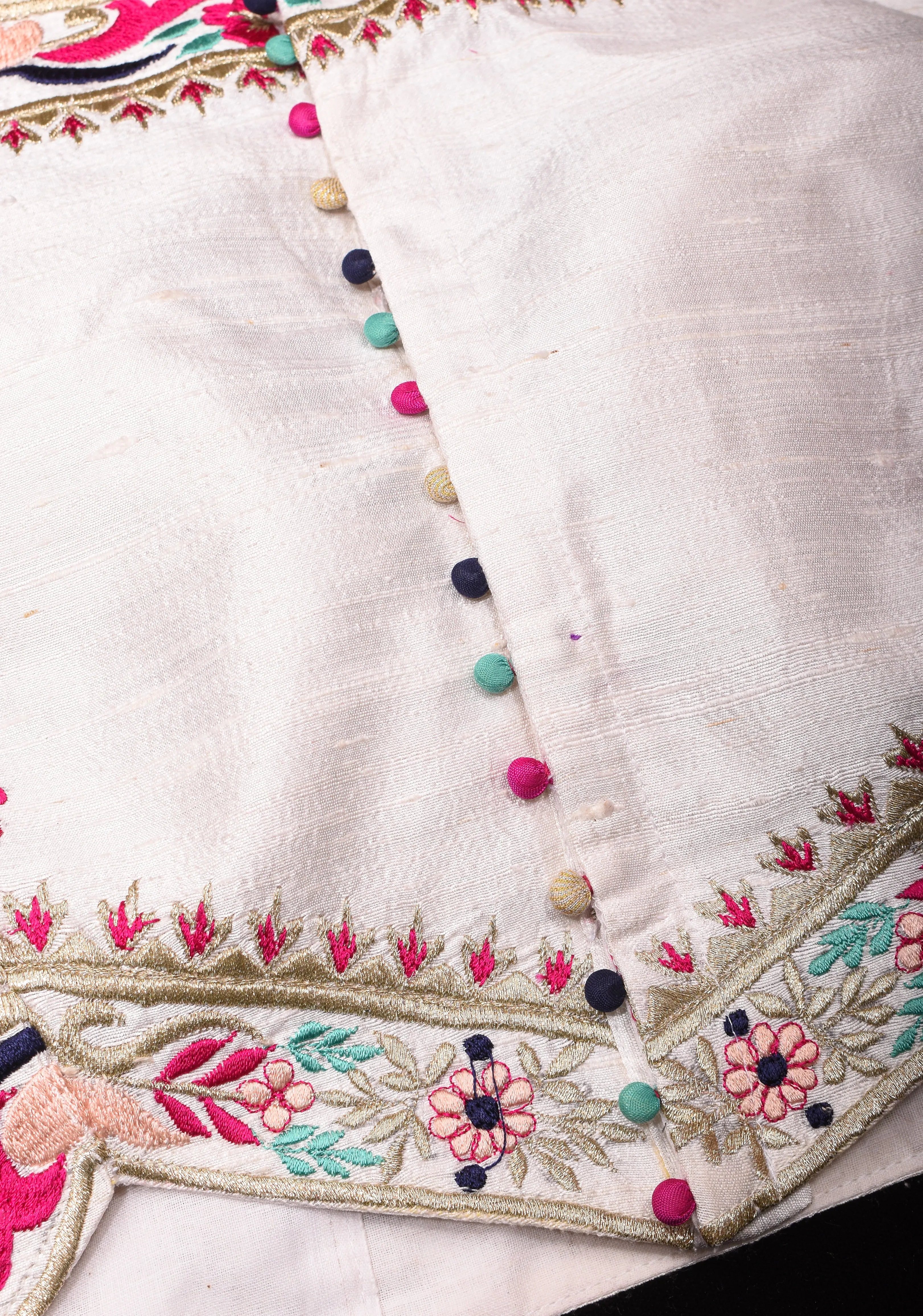 White Pure Raw Silk Blouse With Multicolor machine embroidery, Customizable, Made to order