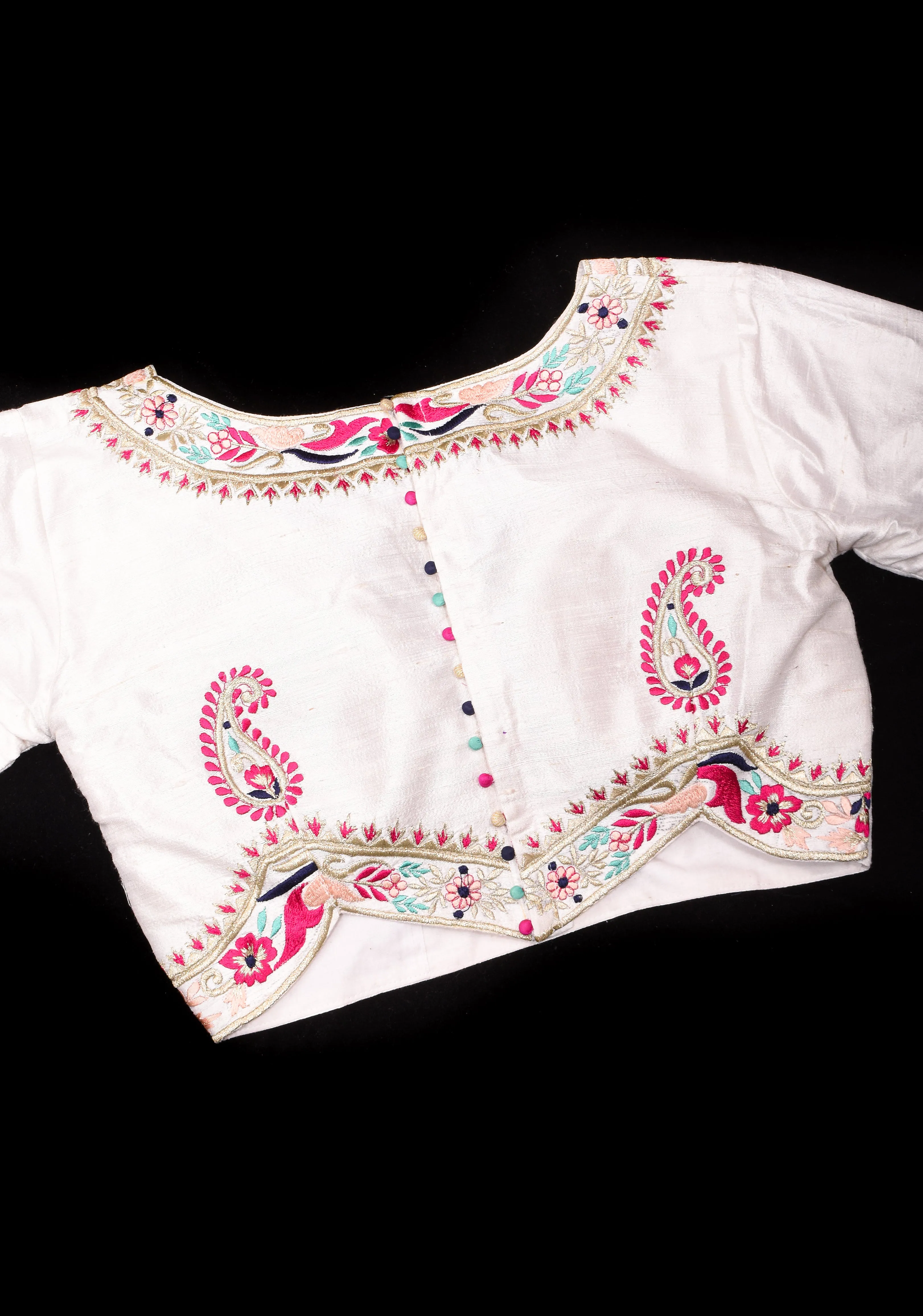 White Pure Raw Silk Blouse With Multicolor machine embroidery, Customizable, Made to order