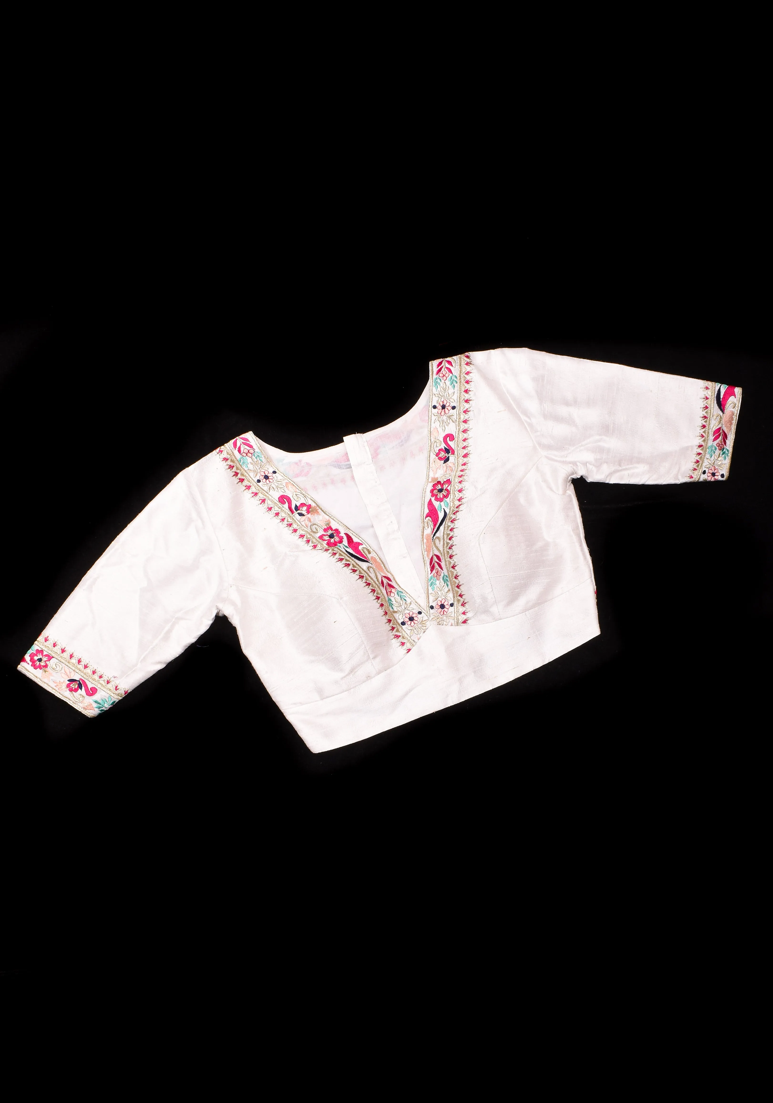 White Pure Raw Silk Blouse With Multicolor machine embroidery, Customizable, Made to order