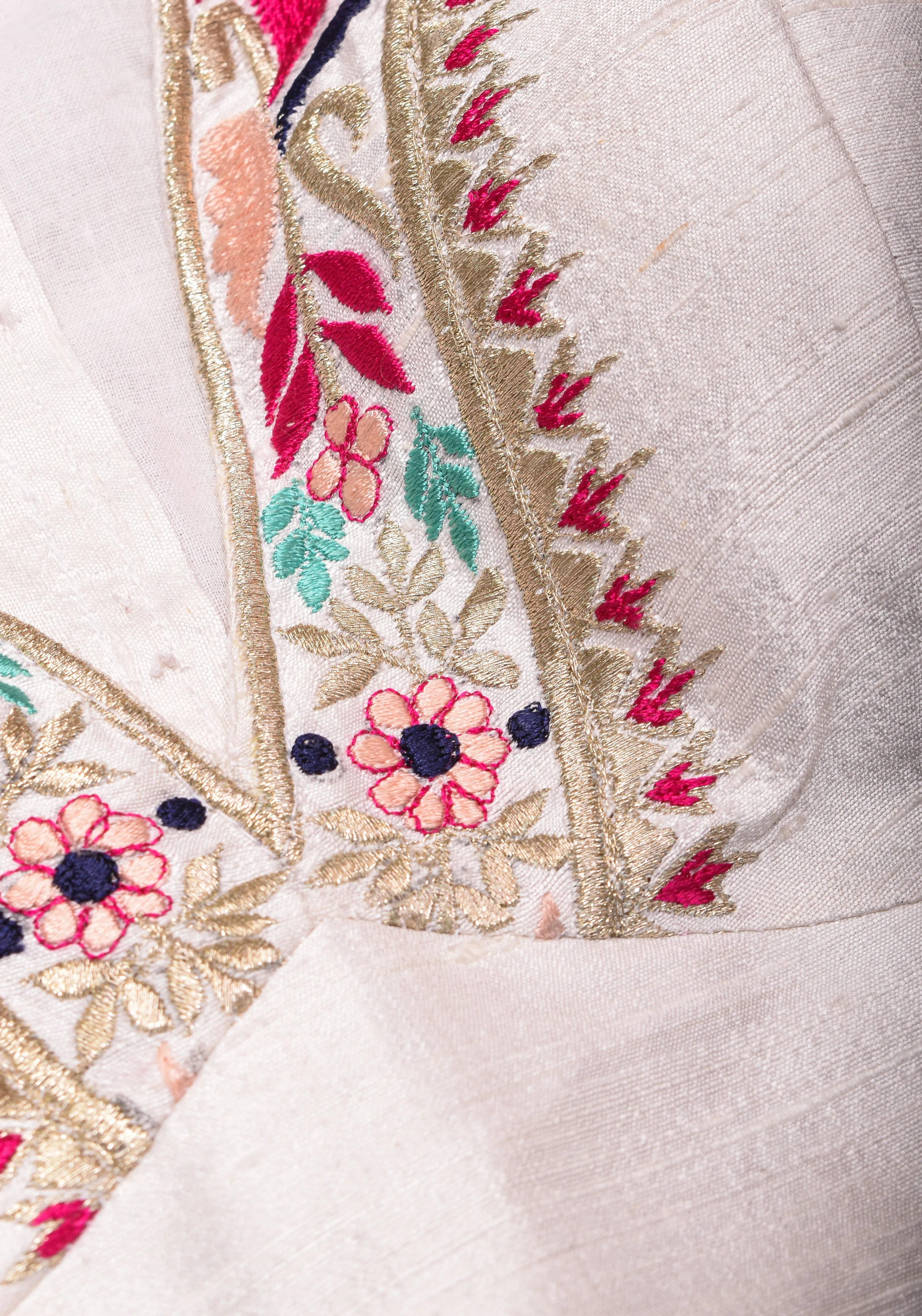 White Pure Raw Silk Blouse With Multicolor machine embroidery, Customizable, Made to order