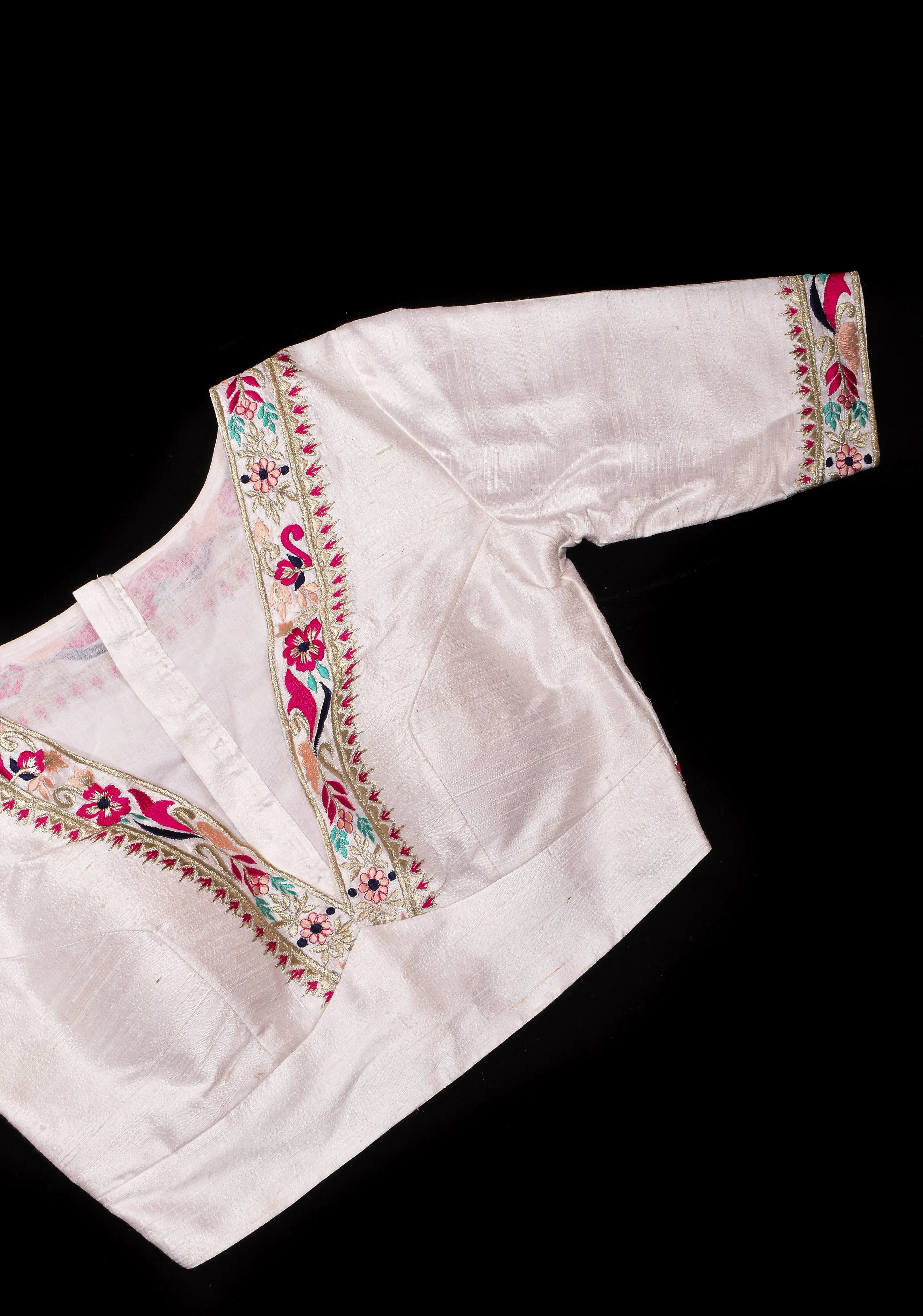 White Pure Raw Silk Blouse With Multicolor machine embroidery, Customizable, Made to order