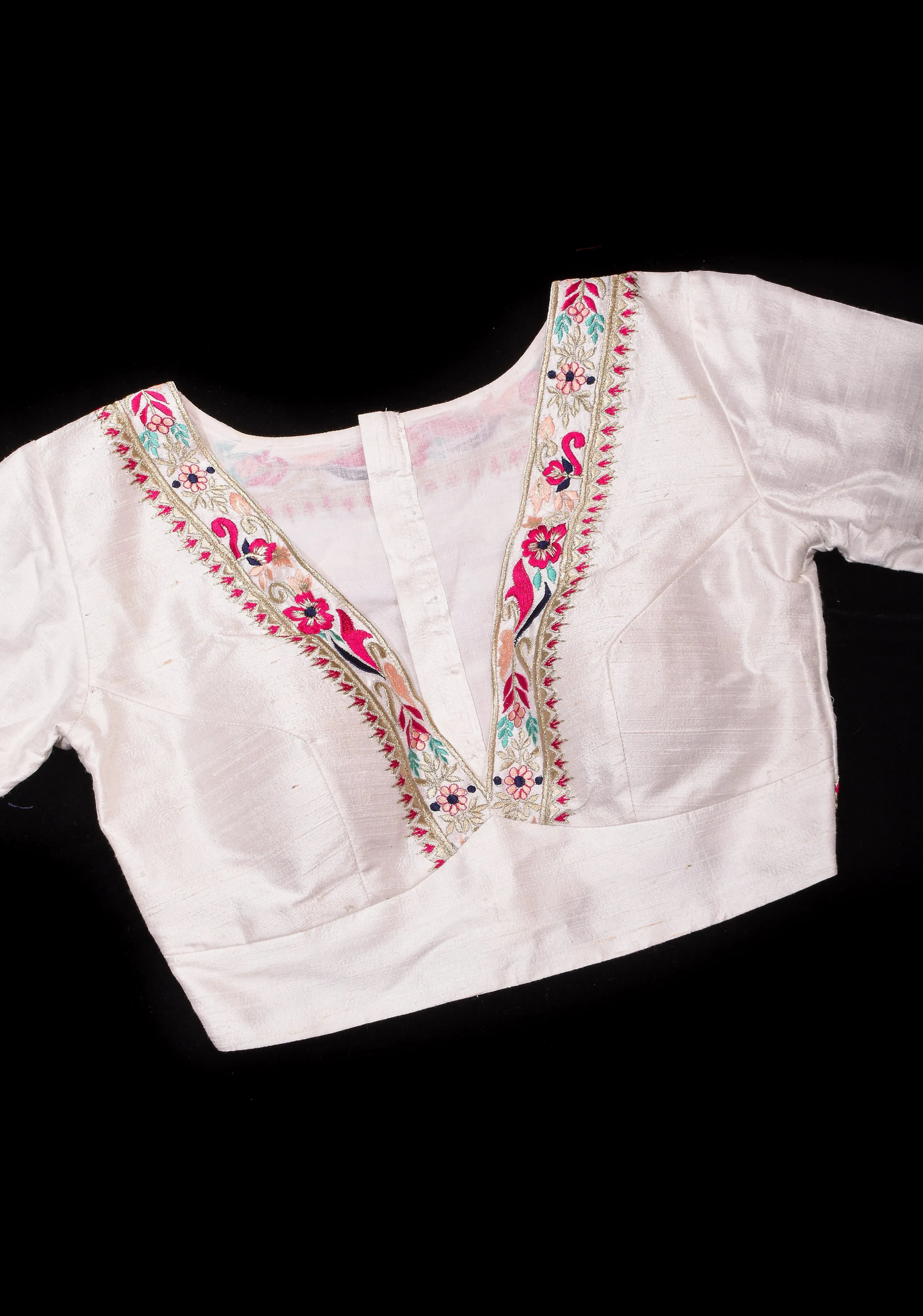 White Pure Raw Silk Blouse With Multicolor machine embroidery, Customizable, Made to order