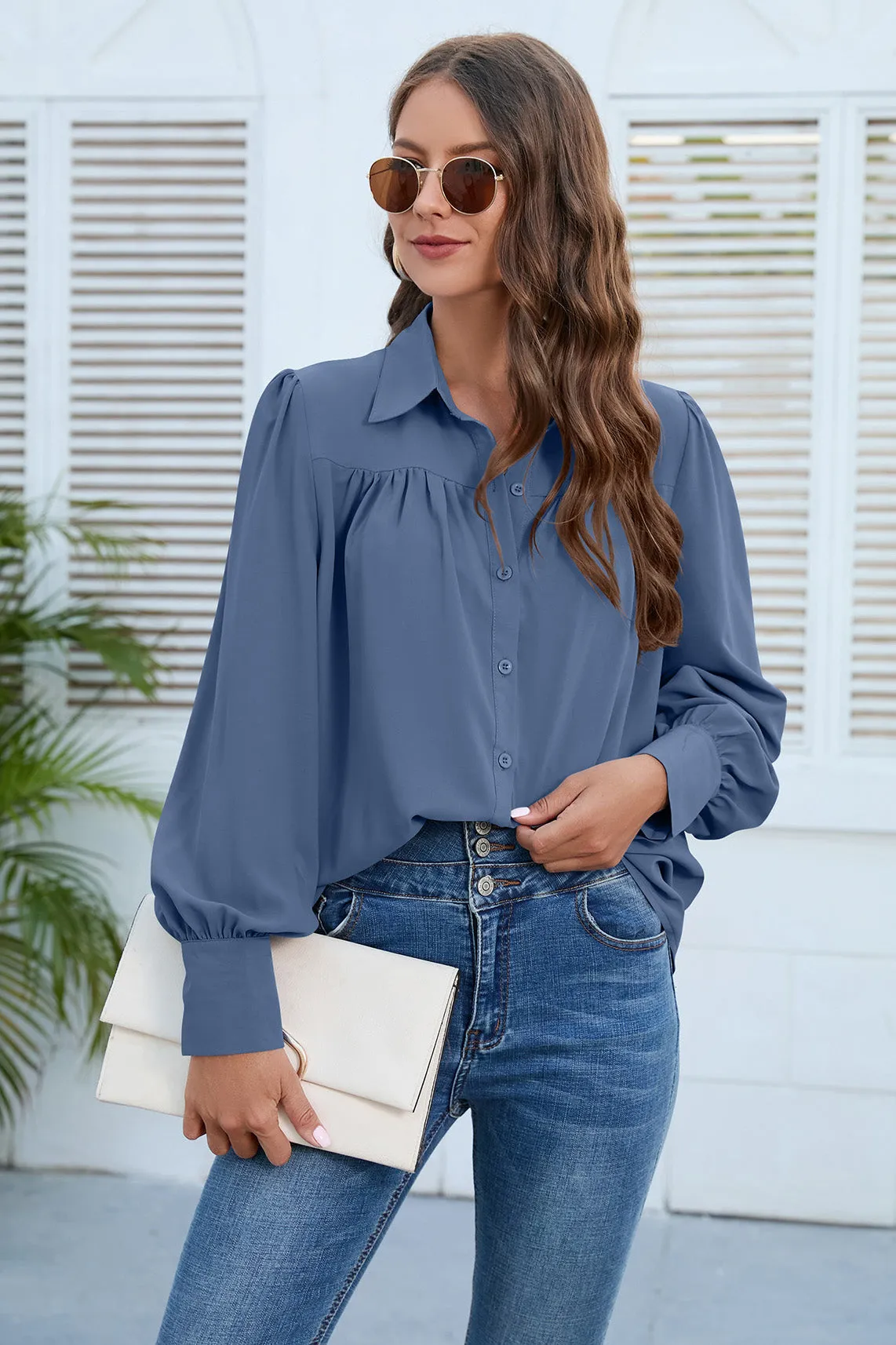 Women Collar Tees Long Sleeve V-neck Shirts Tops-AL9419