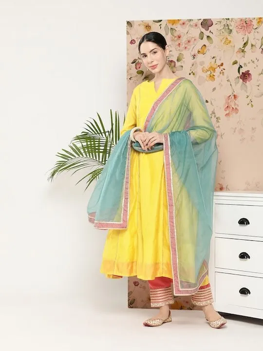 Women Gotta Patti Chanderi Cotton Kurta With Trousers & Dupatta