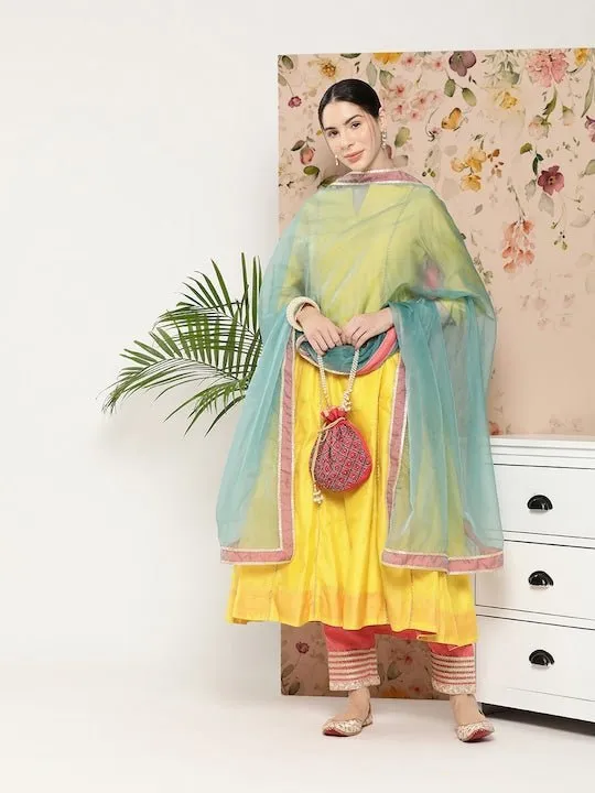 Women Gotta Patti Chanderi Cotton Kurta With Trousers & Dupatta