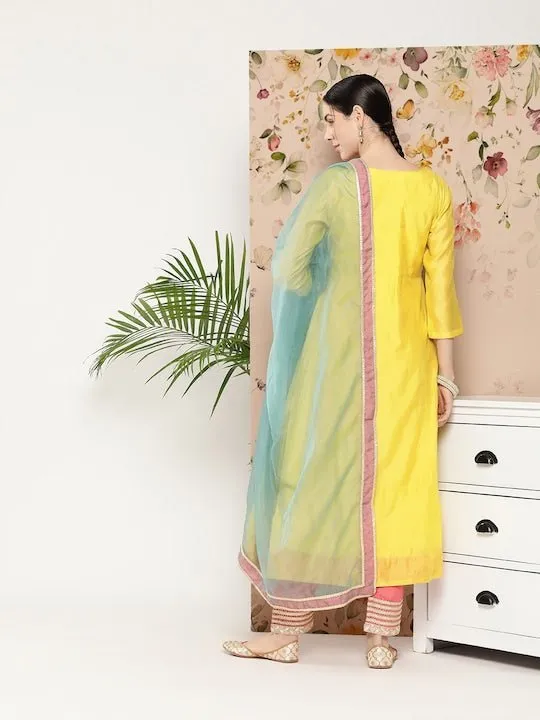Women Gotta Patti Chanderi Cotton Kurta With Trousers & Dupatta