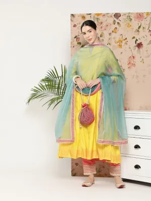 Women Gotta Patti Chanderi Cotton Kurta With Trousers & Dupatta