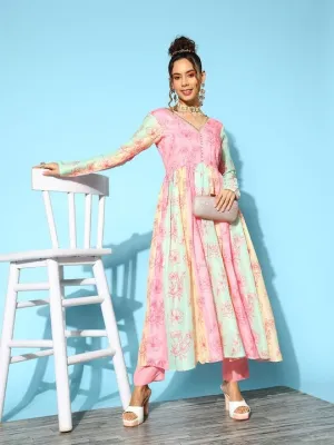 Women Multicoloured Floral Printed Pleated Kurta With Trousers