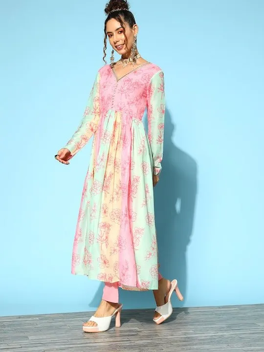 Women Multicoloured Floral Printed Pleated Kurta With Trousers