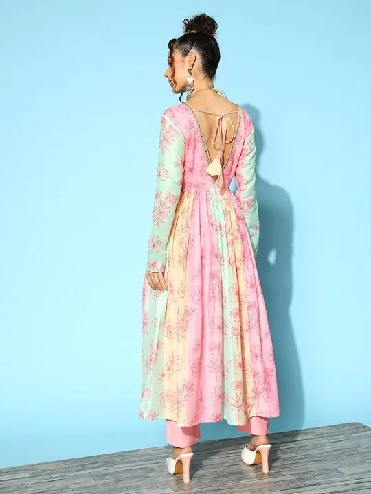Women Multicoloured Floral Printed Pleated Kurta With Trousers