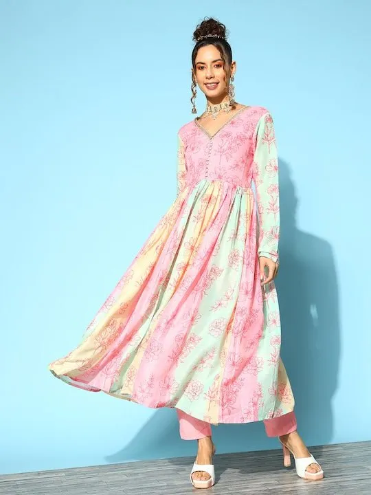 Women Multicoloured Floral Printed Pleated Kurta With Trousers