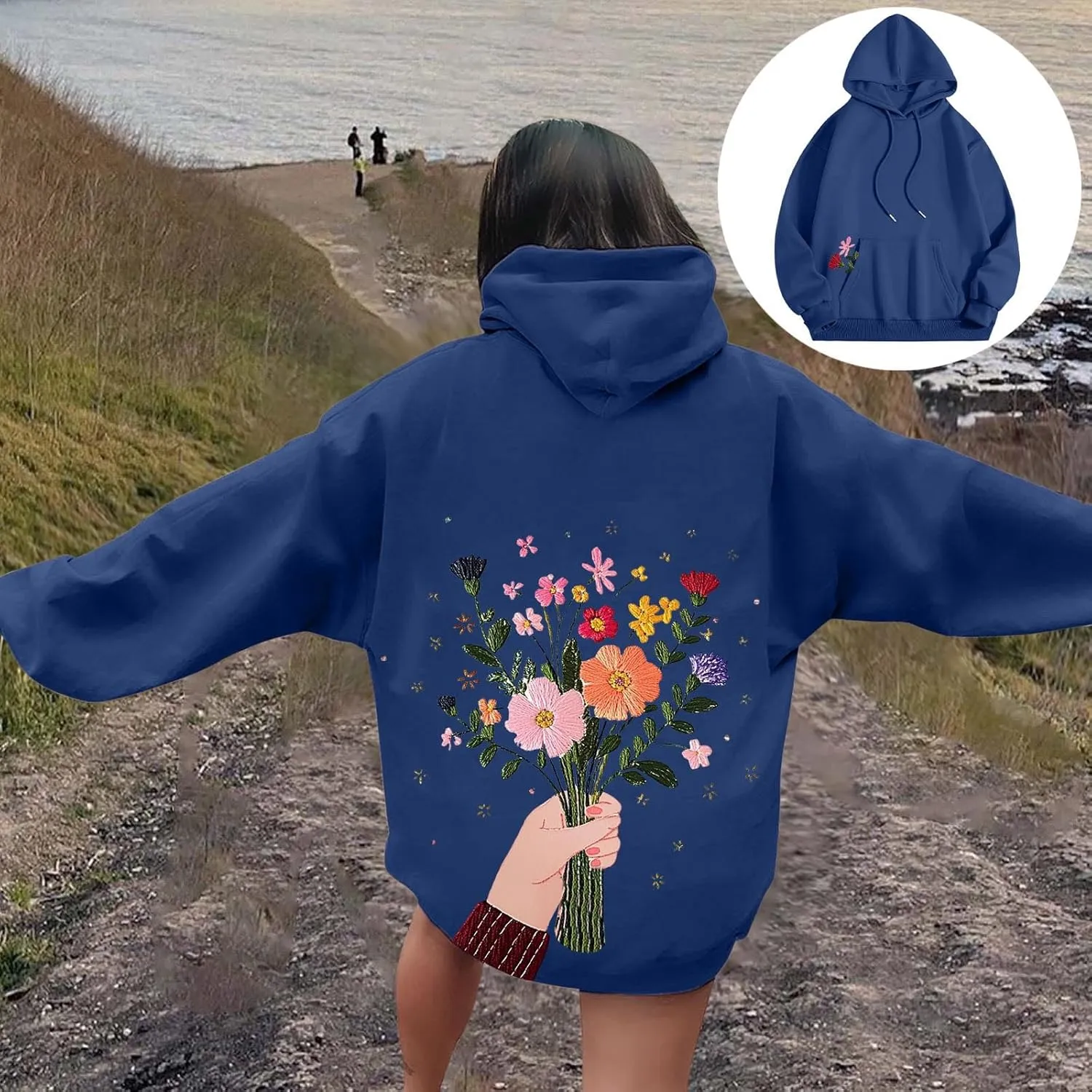 Women Sweatshirts Graphic Hoodies Oversized Pullover Flower Casual Long Sleeve Hooded Drawstring Sweatshirt