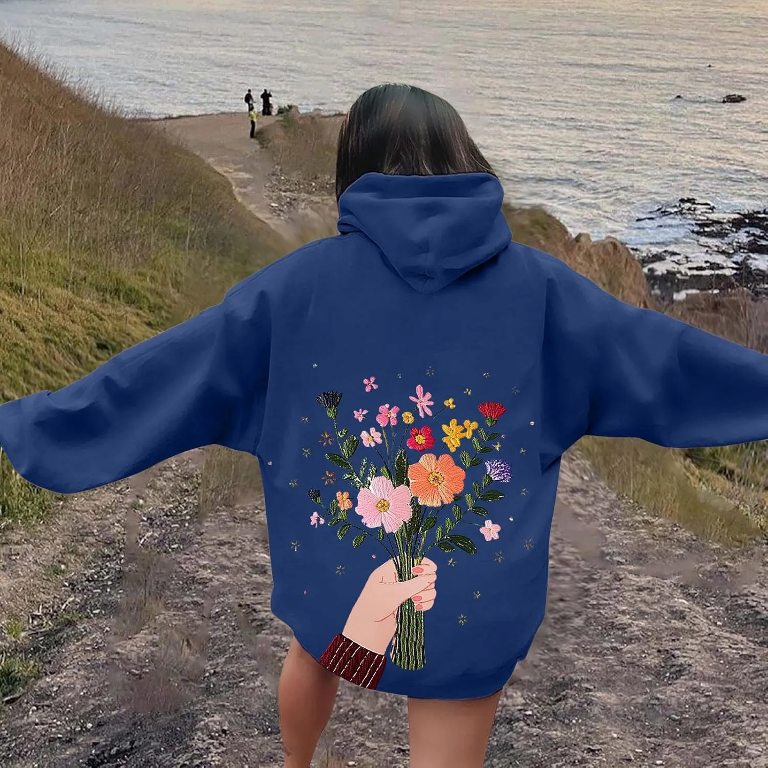 Women Sweatshirts Graphic Hoodies Oversized Pullover Flower Casual Long Sleeve Hooded Drawstring Sweatshirt