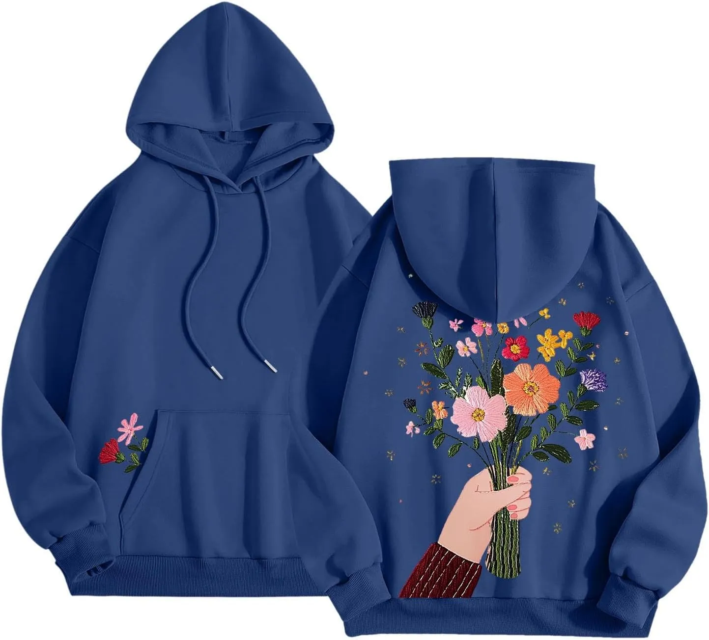 Women Sweatshirts Graphic Hoodies Oversized Pullover Flower Casual Long Sleeve Hooded Drawstring Sweatshirt