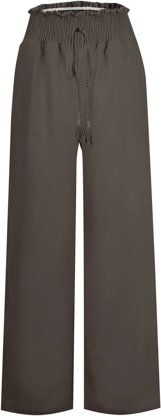 Women's Linen Pants Summer Casual Flowy Palazzo Beach Pants Drawstring High Waisted Wide Leg Trousers Vacation Slacks