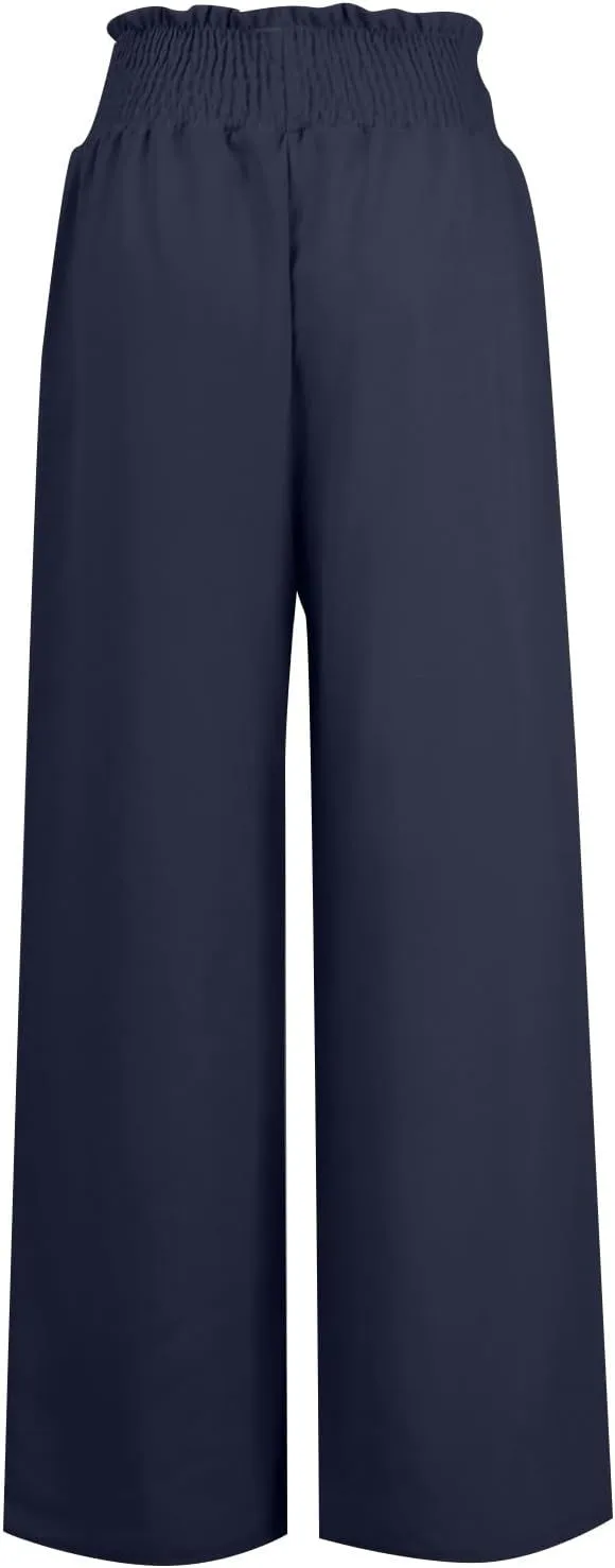 Women's Linen Pants Summer Casual Flowy Palazzo Beach Pants Drawstring High Waisted Wide Leg Trousers Vacation Slacks