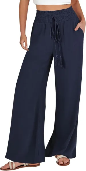 Women's Linen Pants Summer Casual Flowy Palazzo Beach Pants Drawstring High Waisted Wide Leg Trousers Vacation Slacks