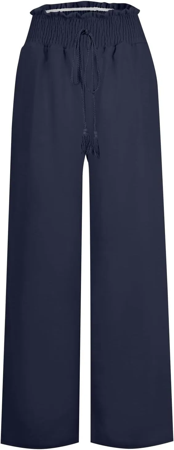 Women's Linen Pants Summer Casual Flowy Palazzo Beach Pants Drawstring High Waisted Wide Leg Trousers Vacation Slacks