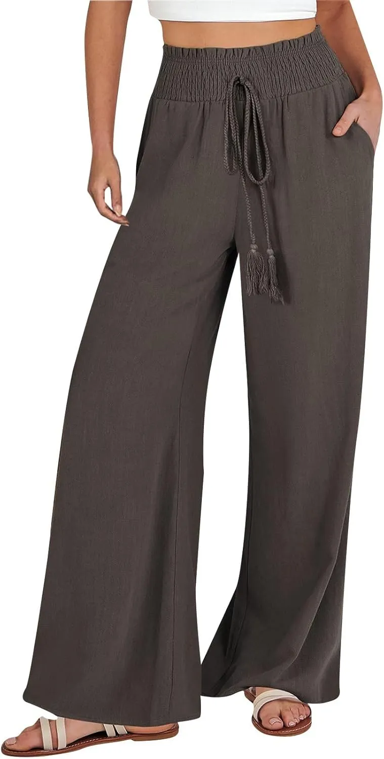 Women's Linen Pants Summer Casual Flowy Palazzo Beach Pants Drawstring High Waisted Wide Leg Trousers Vacation Slacks