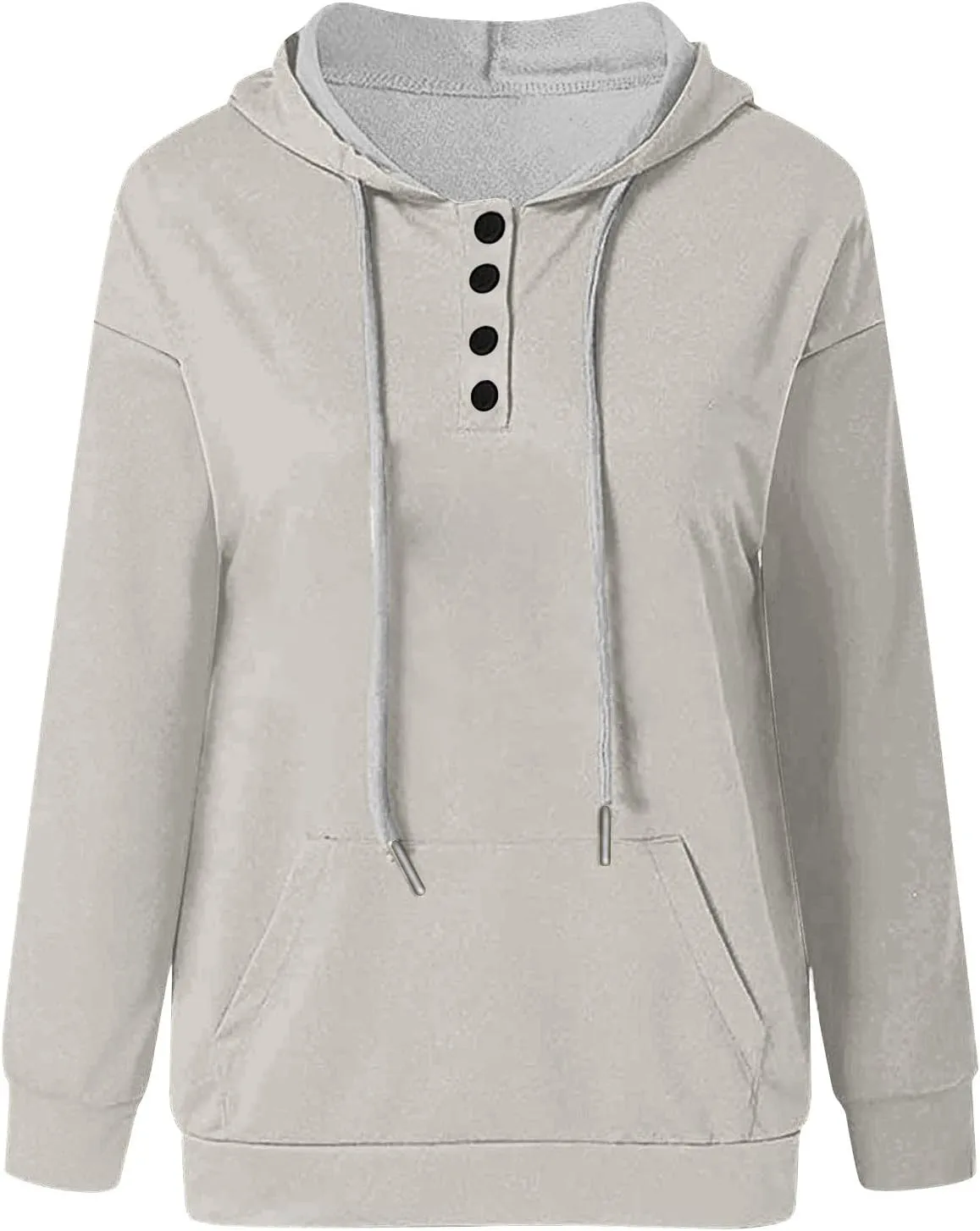 Womens Plus Size Hooded Tops Button-Up Collar Drawstring Hoodies Pullover Casual Solid Long Sleeve Sweatshirts