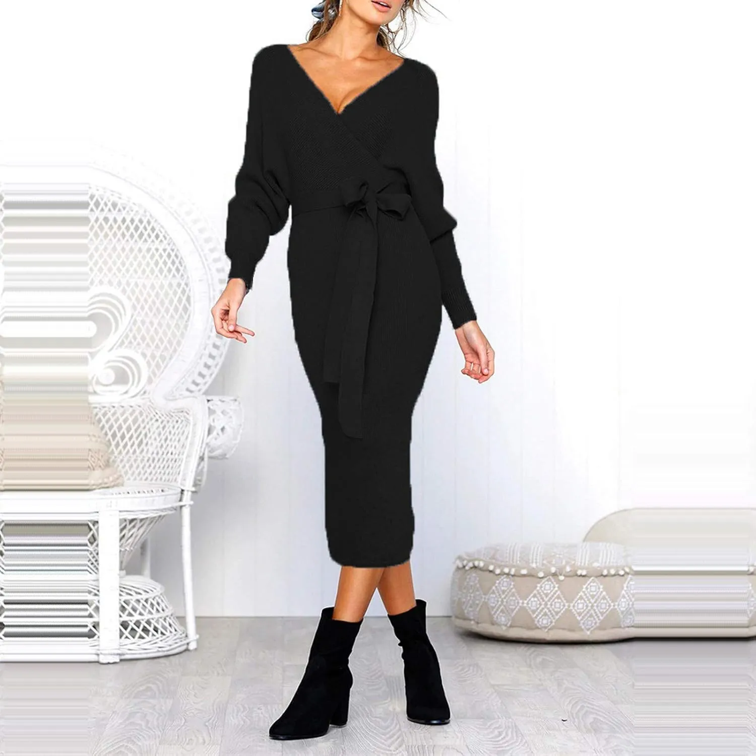 Women's Sexy Cocktail Batwing Long Sleeve Wrap Knit Sweater Dress Fashion V Neck Bodycon Pencil Midi Dresses