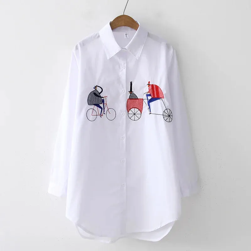 Womens White Casual Embroidered Blouse  Loose Fit Long Sleeve Button-Up Shirt, Cotton-Polyester Blend for Autumn/Winter (Midweight, Non-Stretch)