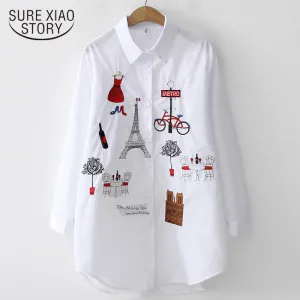 Womens White Casual Embroidered Blouse  Loose Fit Long Sleeve Button-Up Shirt, Cotton-Polyester Blend for Autumn/Winter (Midweight, Non-Stretch)