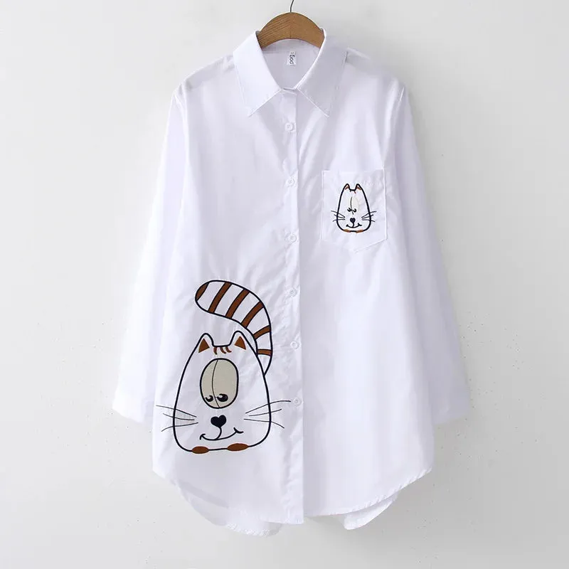 Womens White Casual Embroidered Blouse  Loose Fit Long Sleeve Button-Up Shirt, Cotton-Polyester Blend for Autumn/Winter (Midweight, Non-Stretch)