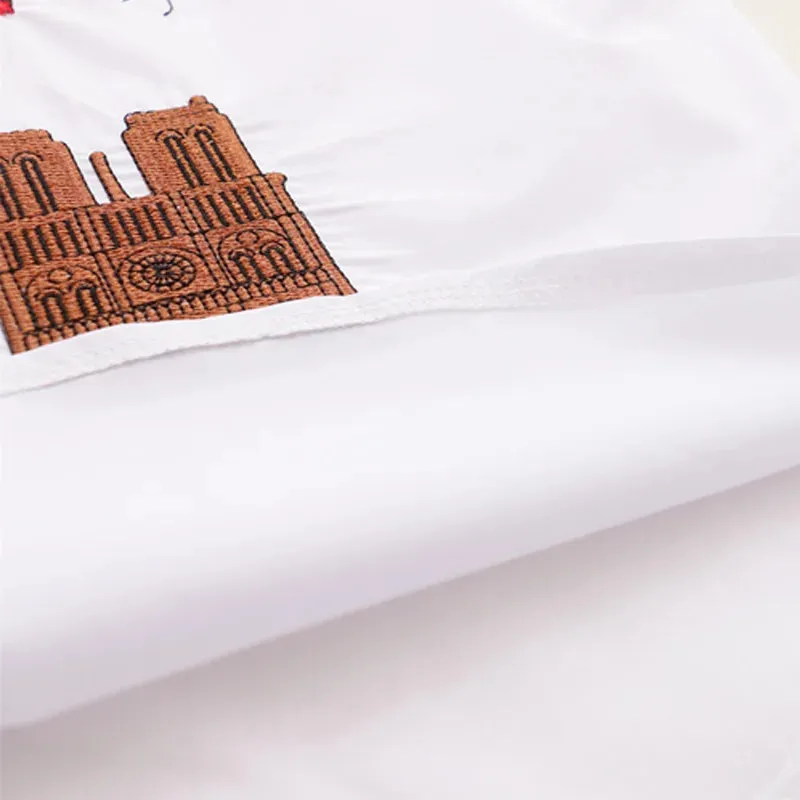 Womens White Casual Embroidered Blouse  Loose Fit Long Sleeve Button-Up Shirt, Cotton-Polyester Blend for Autumn/Winter (Midweight, Non-Stretch)