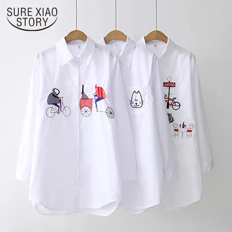 Womens White Casual Embroidered Blouse  Loose Fit Long Sleeve Button-Up Shirt, Cotton-Polyester Blend for Autumn/Winter (Midweight, Non-Stretch)
