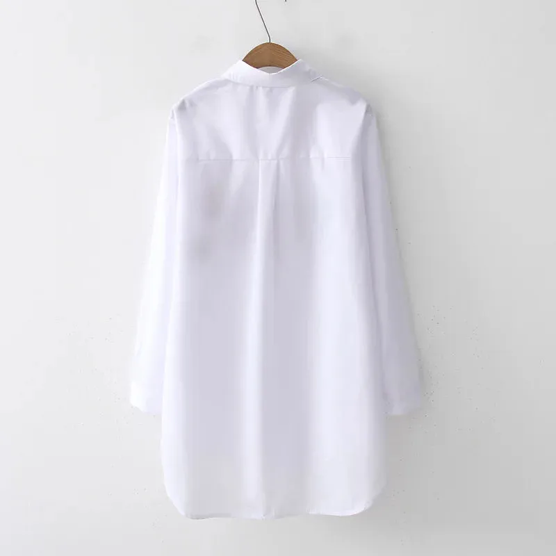 Womens White Casual Embroidered Blouse  Loose Fit Long Sleeve Button-Up Shirt, Cotton-Polyester Blend for Autumn/Winter (Midweight, Non-Stretch)