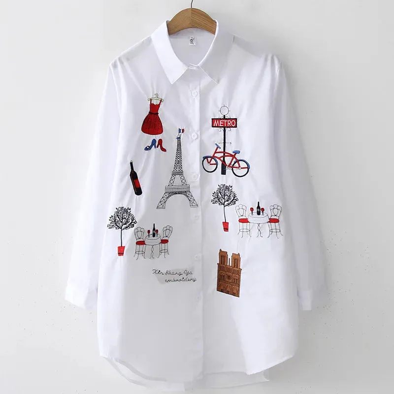 Womens White Casual Embroidered Blouse  Loose Fit Long Sleeve Button-Up Shirt, Cotton-Polyester Blend for Autumn/Winter (Midweight, Non-Stretch)