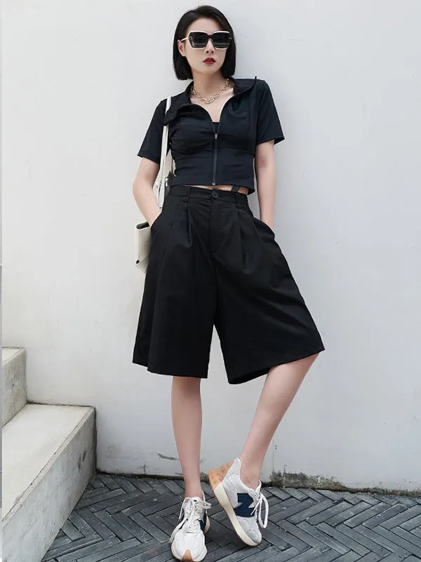 xakxx Urban Black Pleated Wide Leg Fifth Pants& Trousers